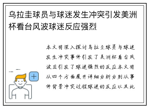 乌拉圭球员与球迷发生冲突引发美洲杯看台风波球迷反应强烈 乌拉圭球员与球迷发生冲突引发美洲杯看台风波球迷反应强烈