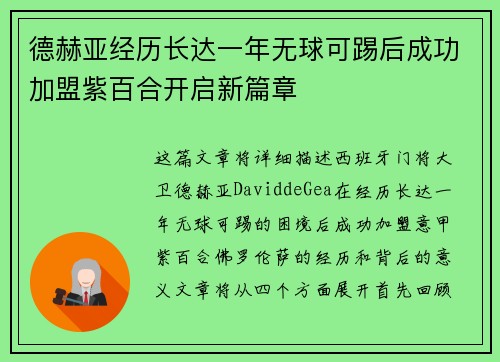 德赫亚经历长达一年无球可踢后成功加盟紫百合开启新篇章