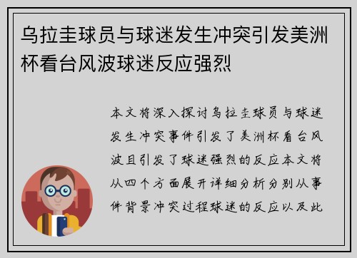 乌拉圭球员与球迷发生冲突引发美洲杯看台风波球迷反应强烈